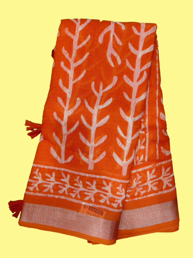 Elegant Handcrafted Printed Saree with Traditional Leaf & Floral Motifs
