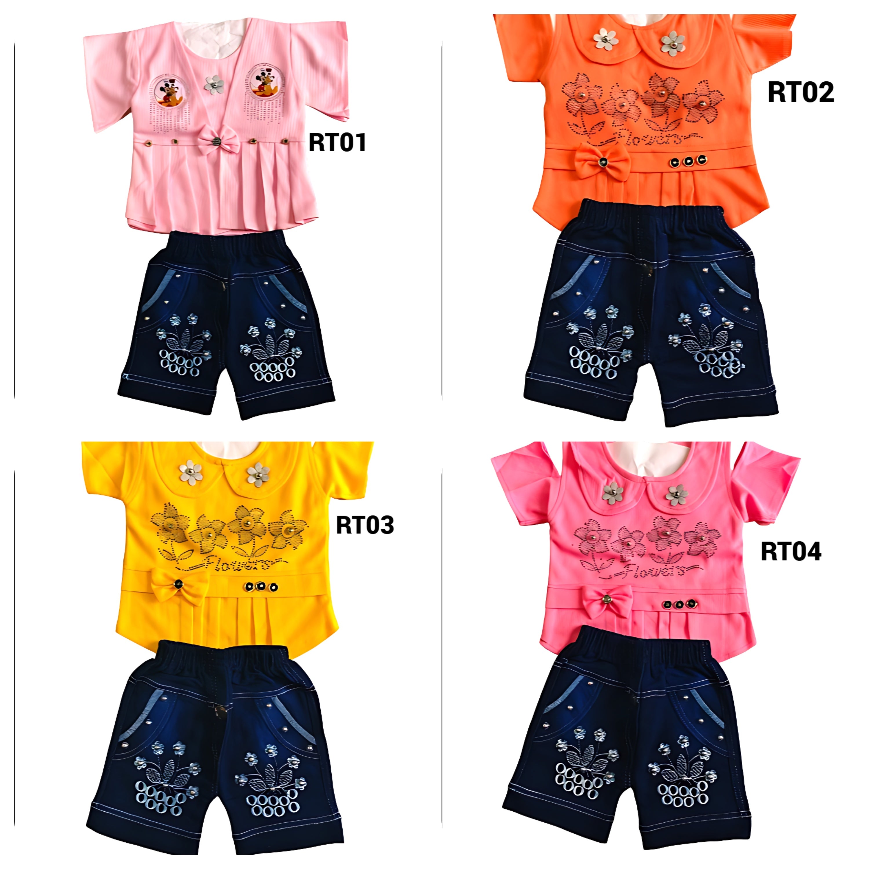 Girls' Orange Top and Denim Shorts Set with Floral Embellishments