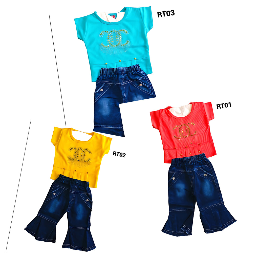 Girls' Turquoise Top and Bell-Bottom Denim Pants Set