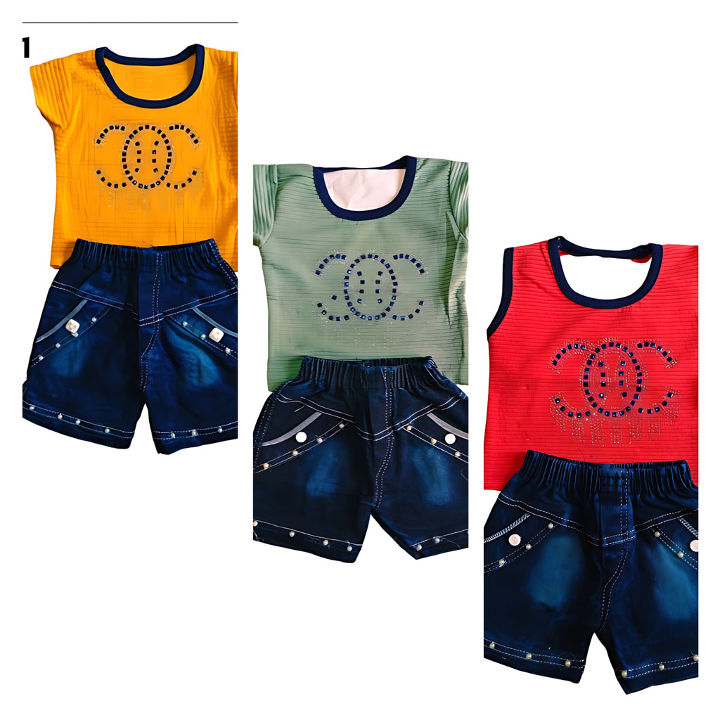 GIRL BABY Top and Denim Shorts Set with Embellishments