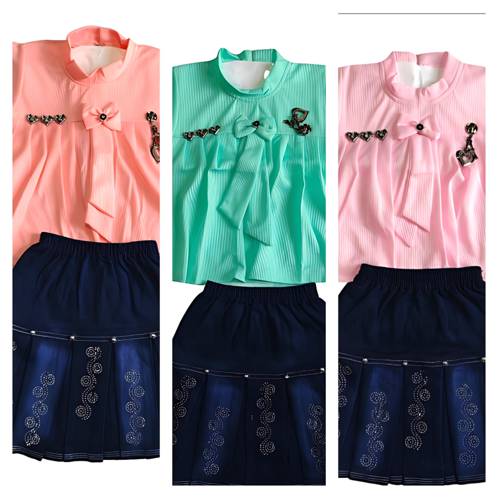 Girls' Top and Denim Skirt Set with Embellishments