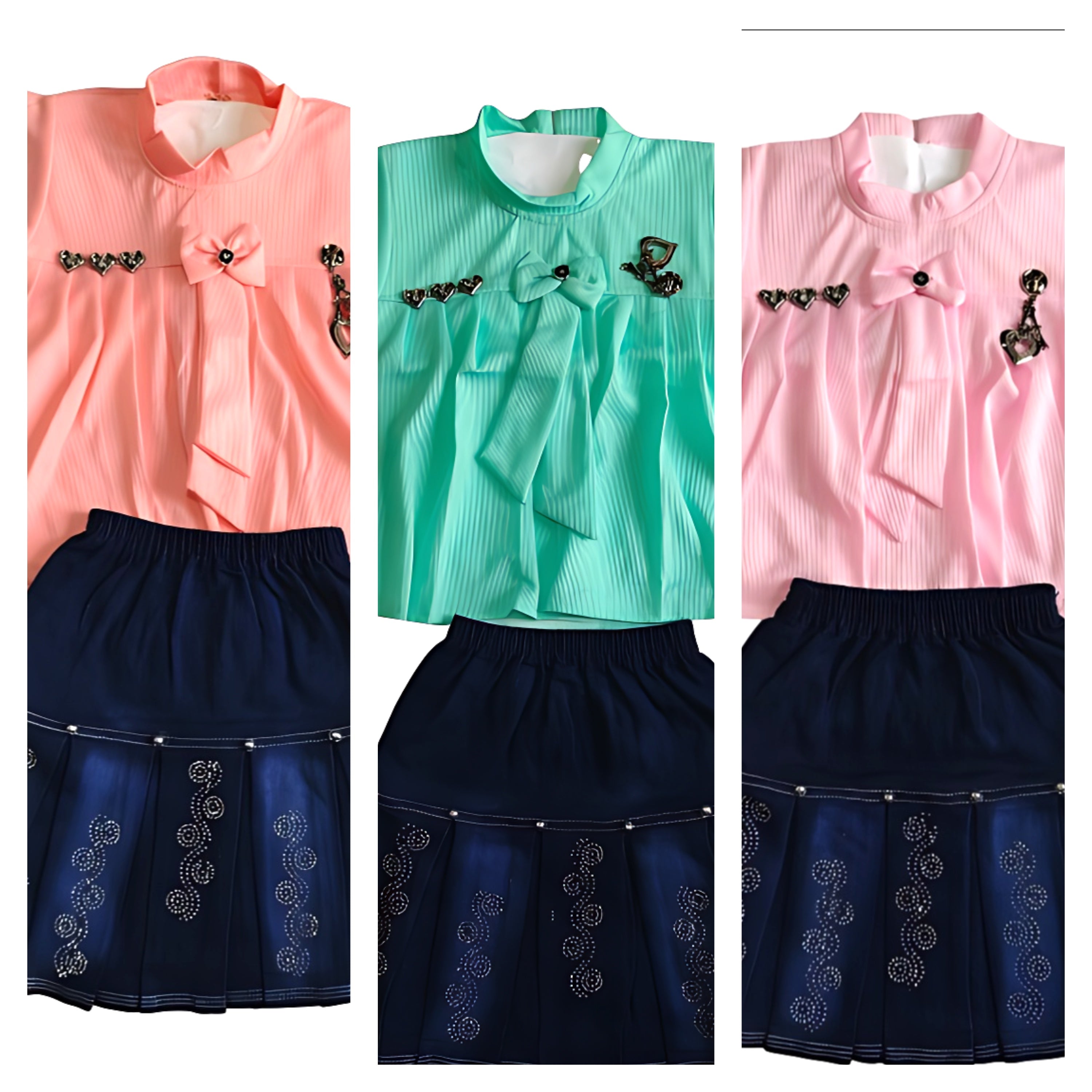 Girls' Top and Denim Skirt Set with Embellishments