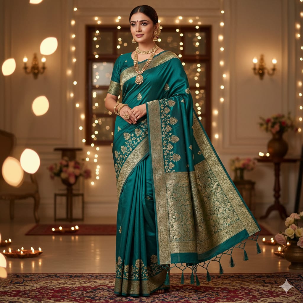 Elegant Teal Saree with Golden Floral Zari Work