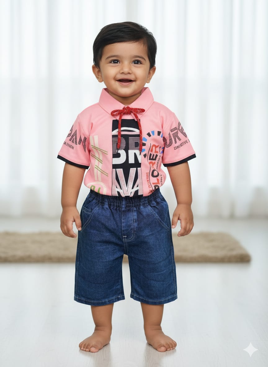 Boys Casual Printed Shirt & Denim Shorts Set