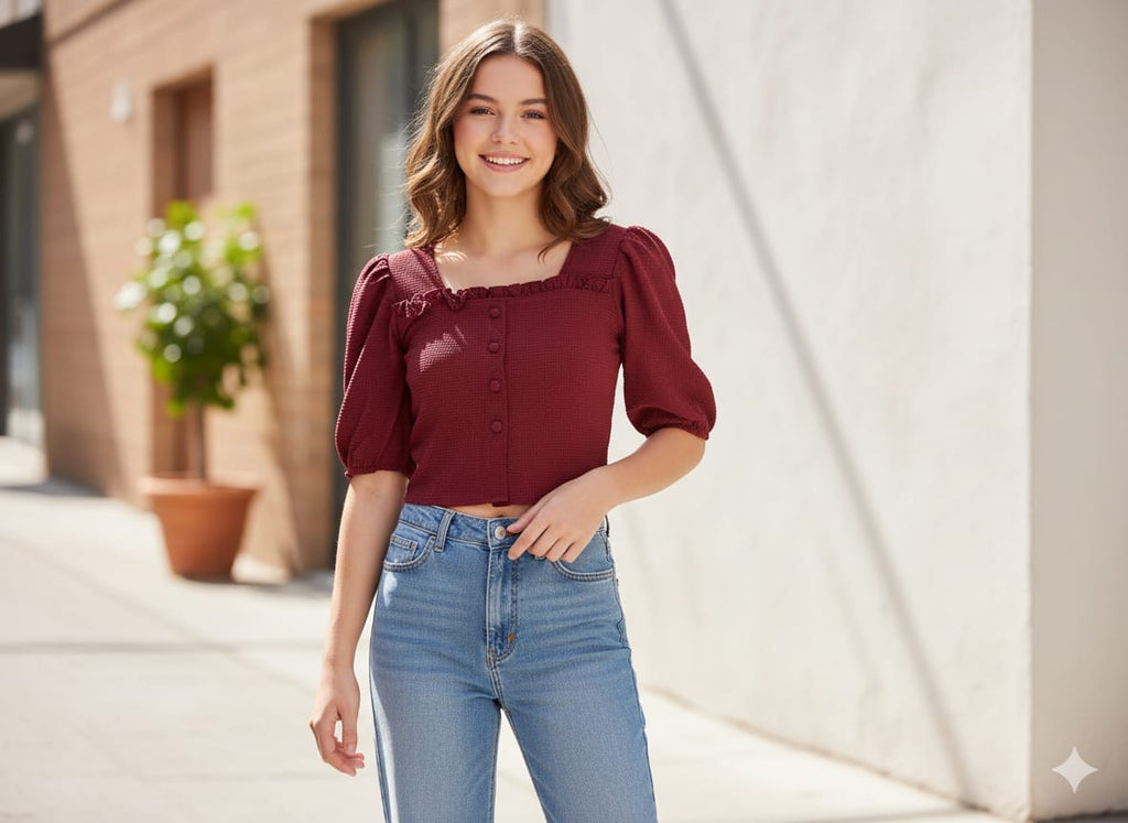 Women’s Solid Cotton Top | Stylish Front Button Crop Top with Puff Sleeves