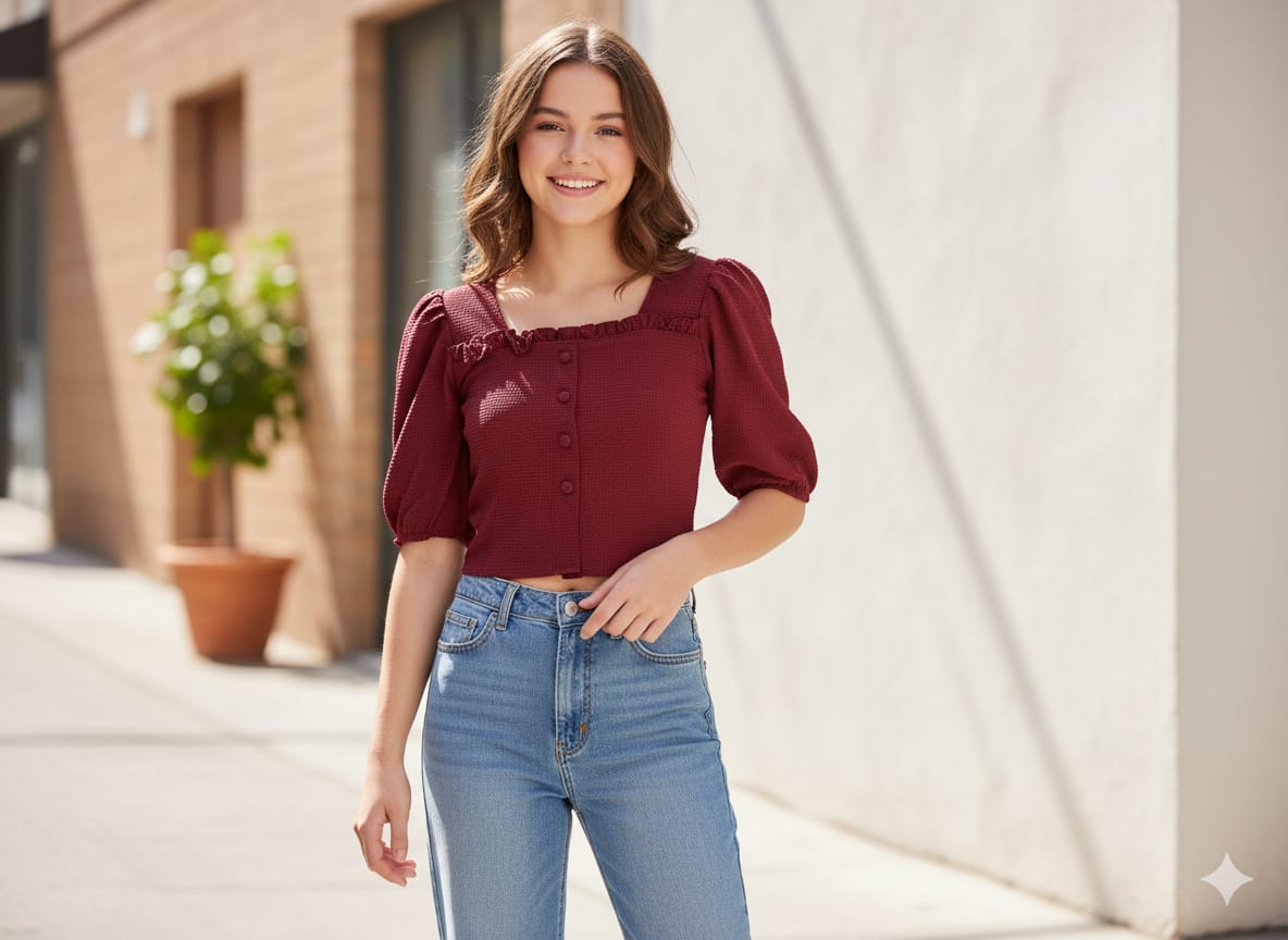 Women’s Solid Cotton Top | Stylish Front Button Crop Top with Puff Sleeves