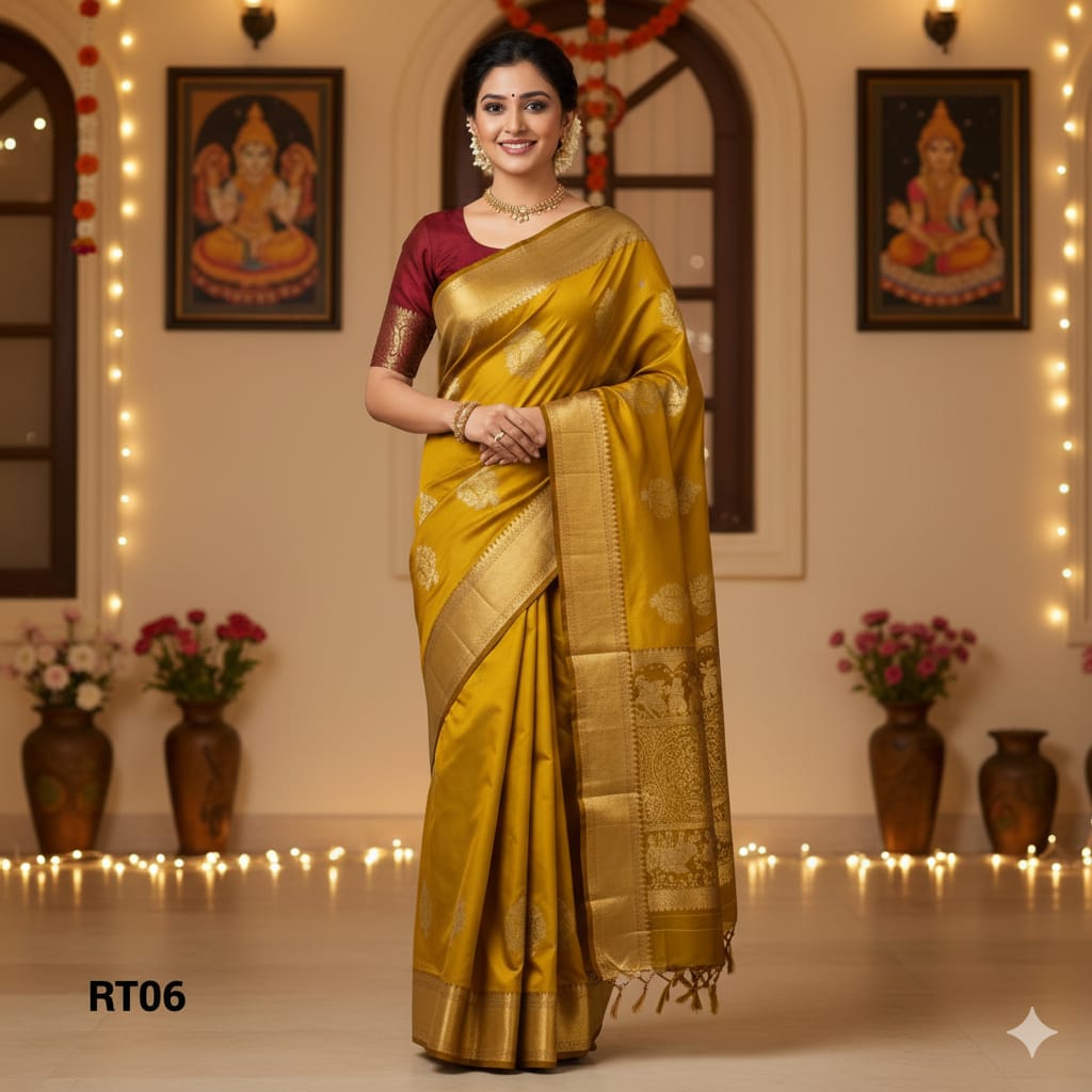 Elegant Soft Silk Saree with Rich Golden Zari Border & Pallu with Blouse