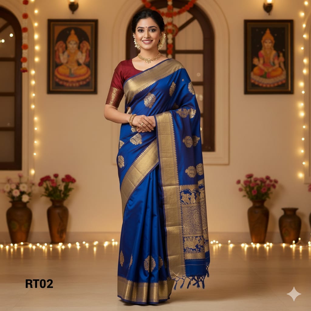 Elegant Soft Silk Saree with Rich Golden Zari Border & Pallu with Blouse