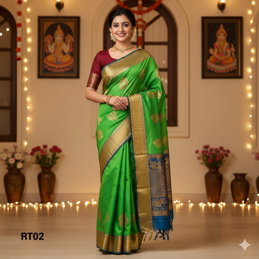 Elegant Soft Silk Saree with Rich Golden Zari Border & Pallu with Blouse