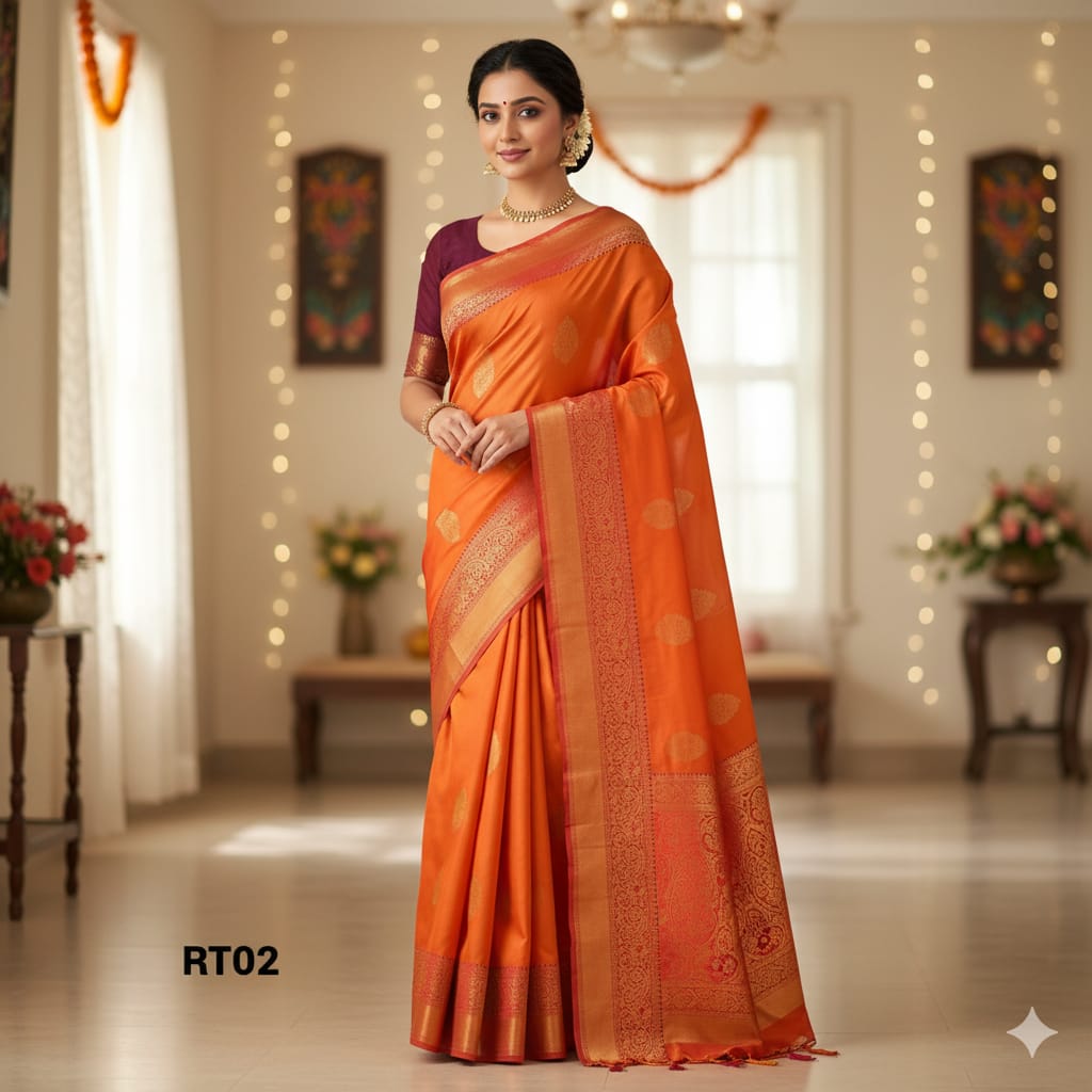 Elegant Soft Silk Saree with Rich Golden Zari Border & Pallu with Blouse
