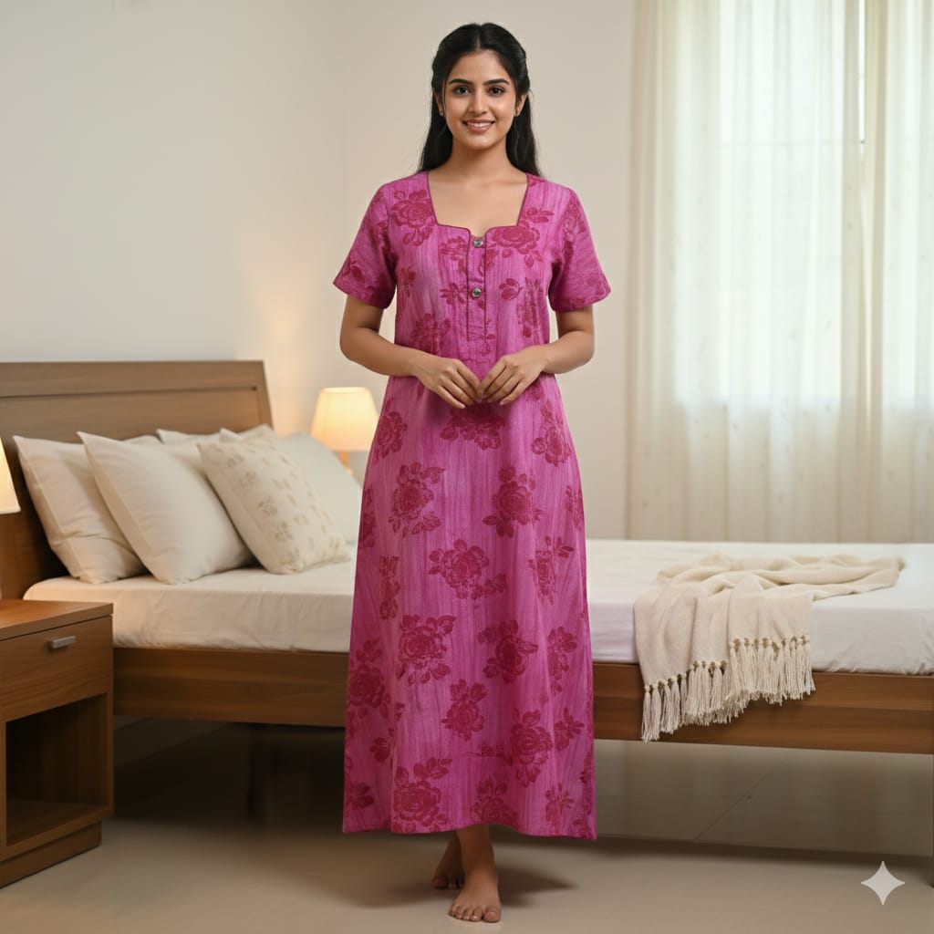 SPUN Cotton Blend  Floral Print Nighty, Free Size, Multi Colour for Womens