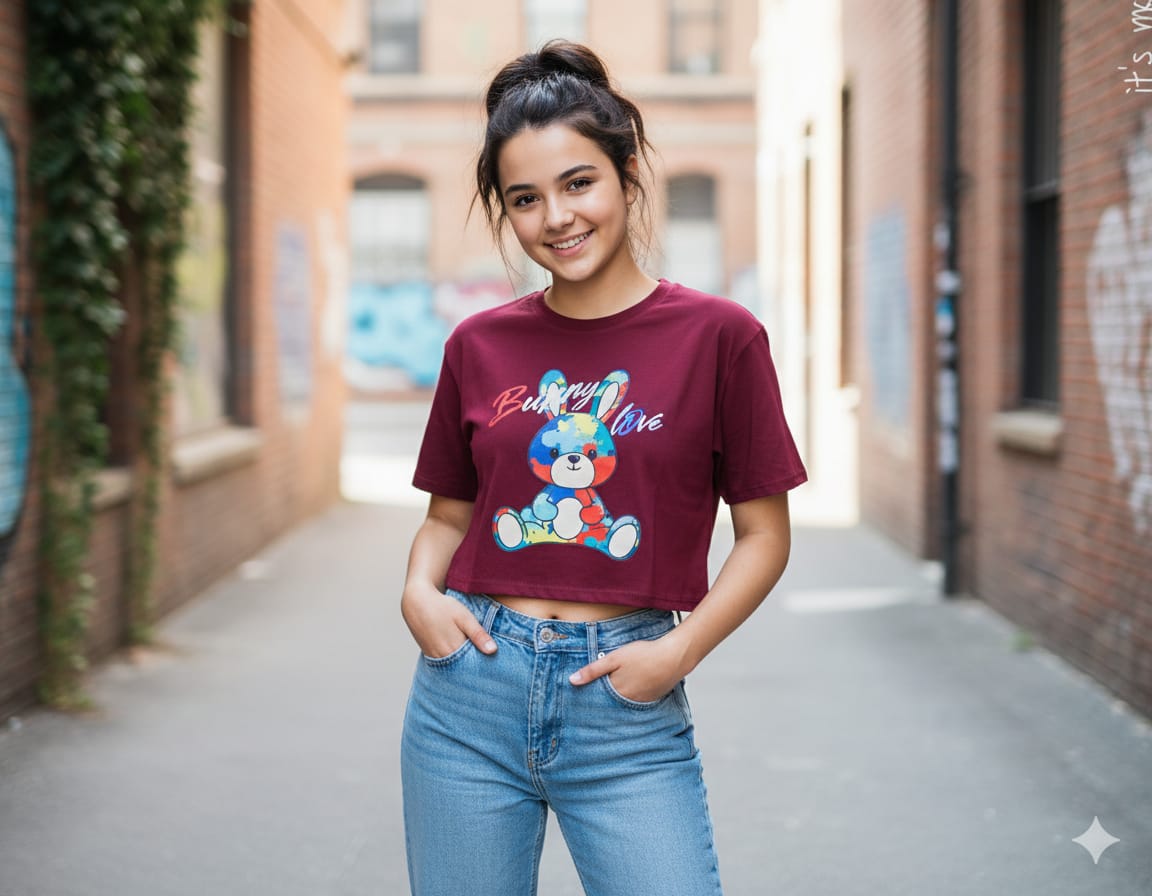 Cotton Printed Crop T-Shirt | Half Sleeve Casual Top with Cute Teddy Print For Womens