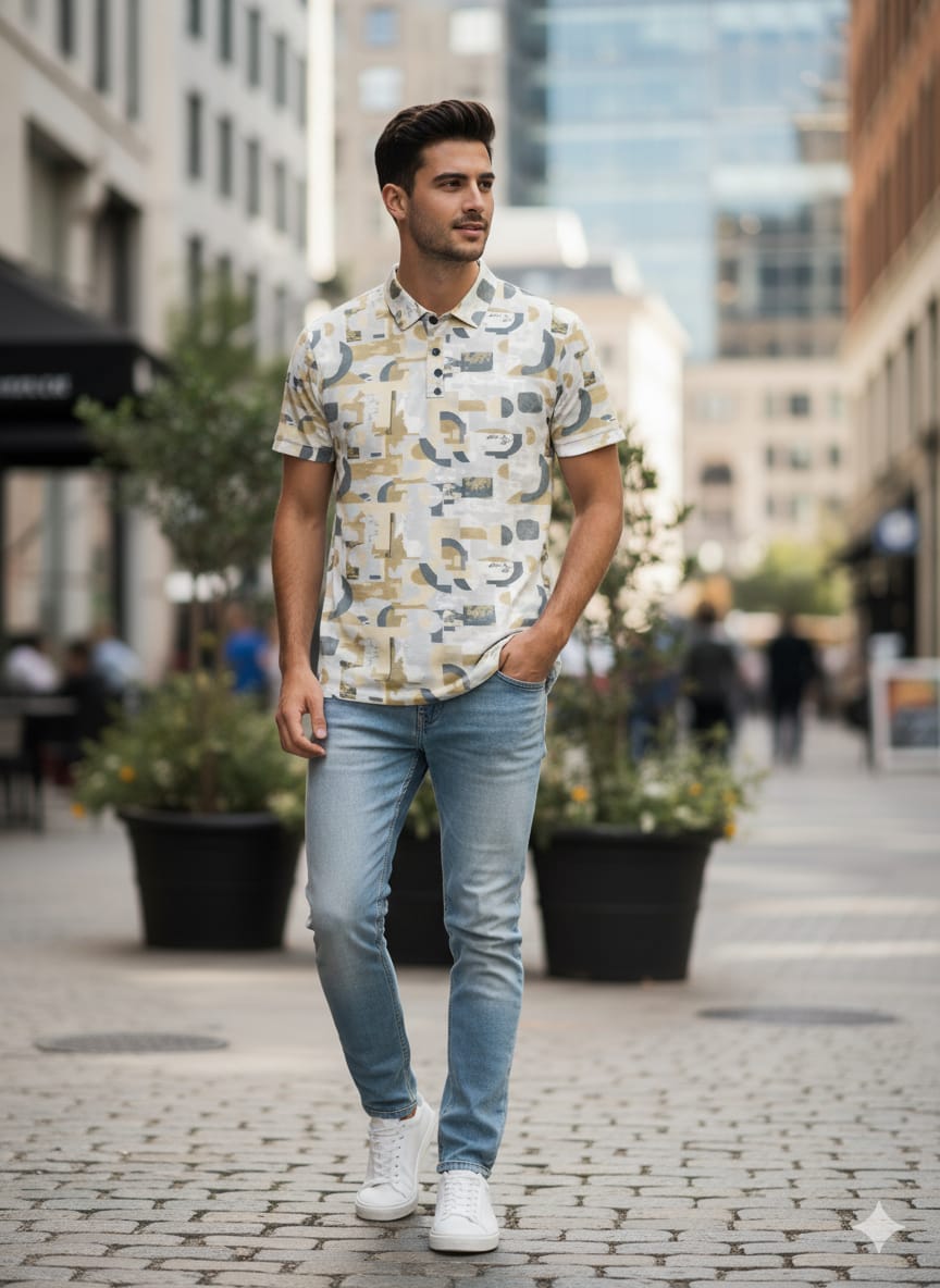 Men’s Multicolour Abstract Printed Polo T-Shirt – Casual Wear