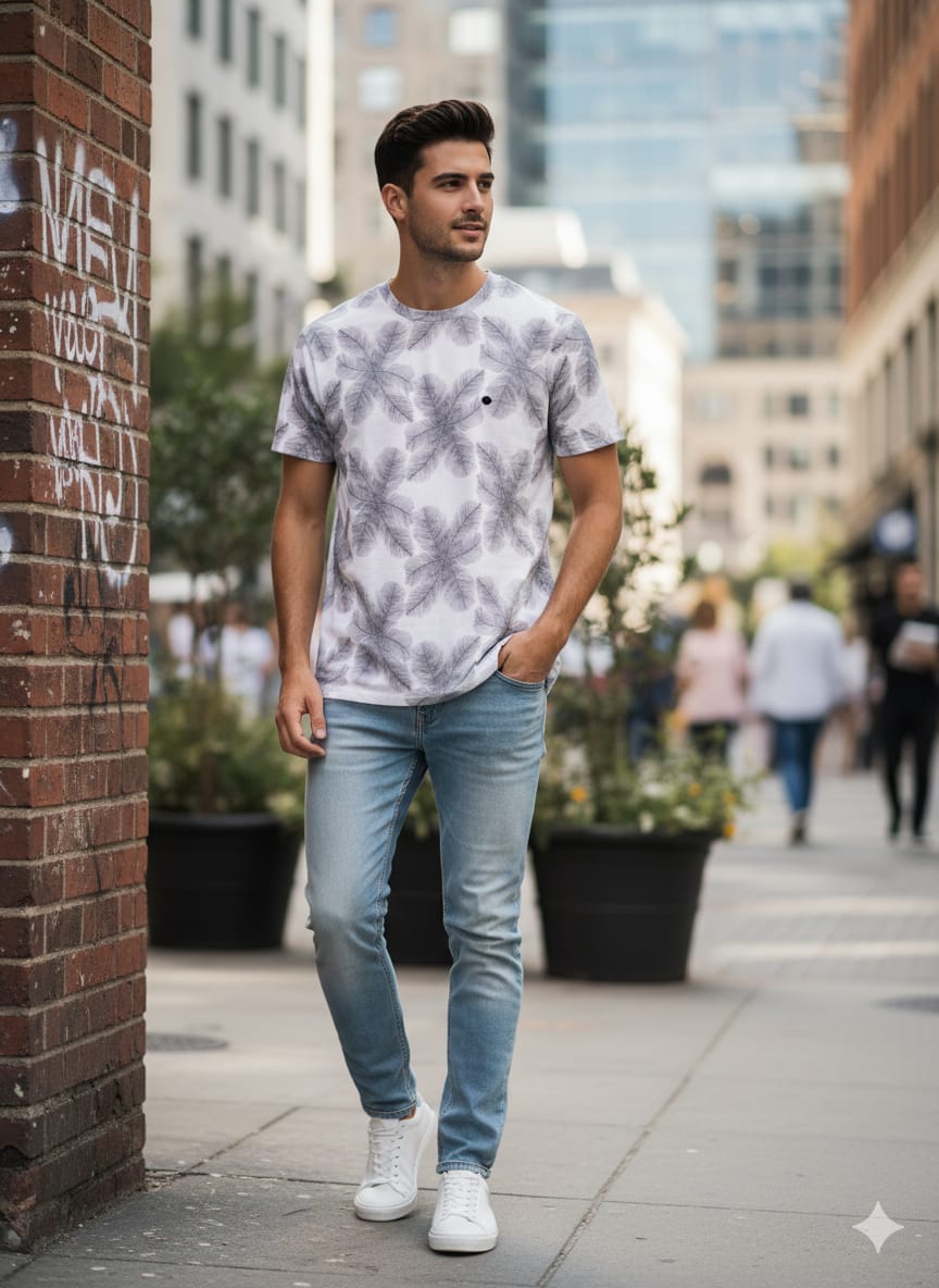 Men’s Casual Grey Floral Printed T-Shirt – Round Neck, Half Sleeves