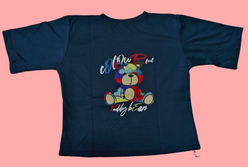 Cotton Printed Crop T-Shirt | Half Sleeve Casual Top with Cute Teddy Print For Womens