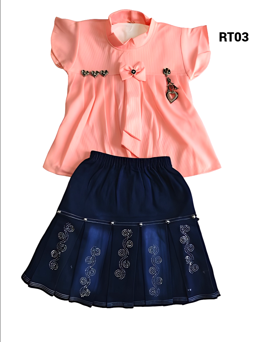 Girls' Top and Denim Skirt Set with Embellishments