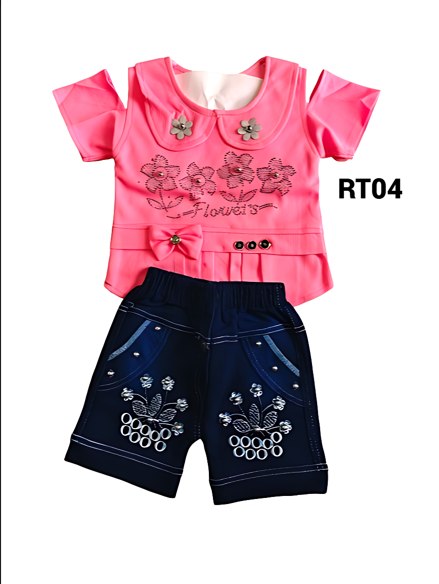 Girls' Orange Top and Denim Shorts Set with Floral Embellishments