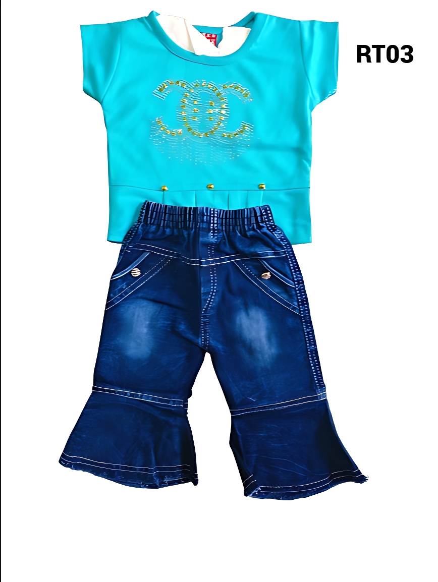Girls' Turquoise Top and Bell-Bottom Denim Pants Set