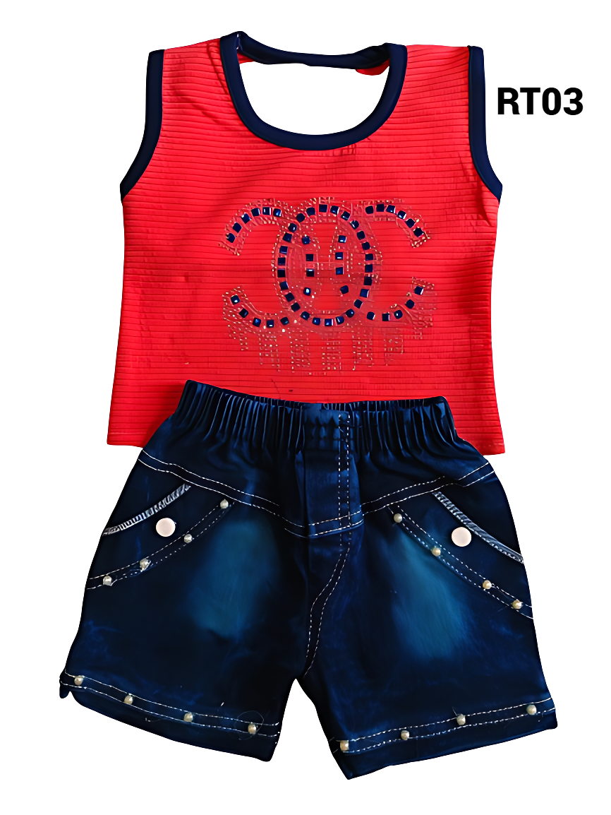 GIRL BABY Top and Denim Shorts Set with Embellishments