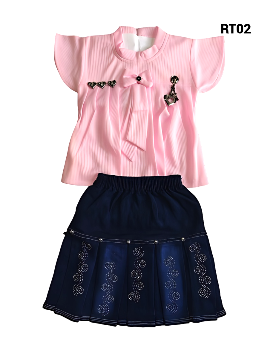 Girls' Top and Denim Skirt Set with Embellishments
