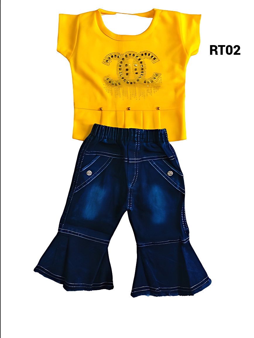 Girls' Turquoise Top and Bell-Bottom Denim Pants Set