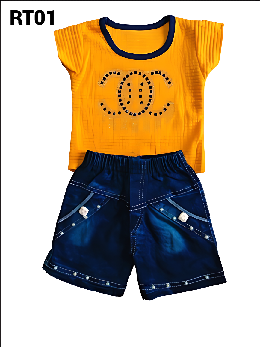 GIRL BABY Top and Denim Shorts Set with Embellishments