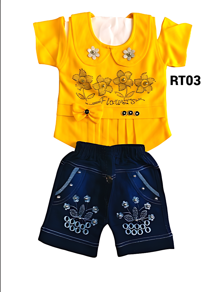 Girls' Orange Top and Denim Shorts Set with Floral Embellishments