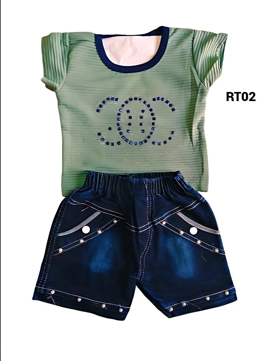 GIRL BABY Top and Denim Shorts Set with Embellishments