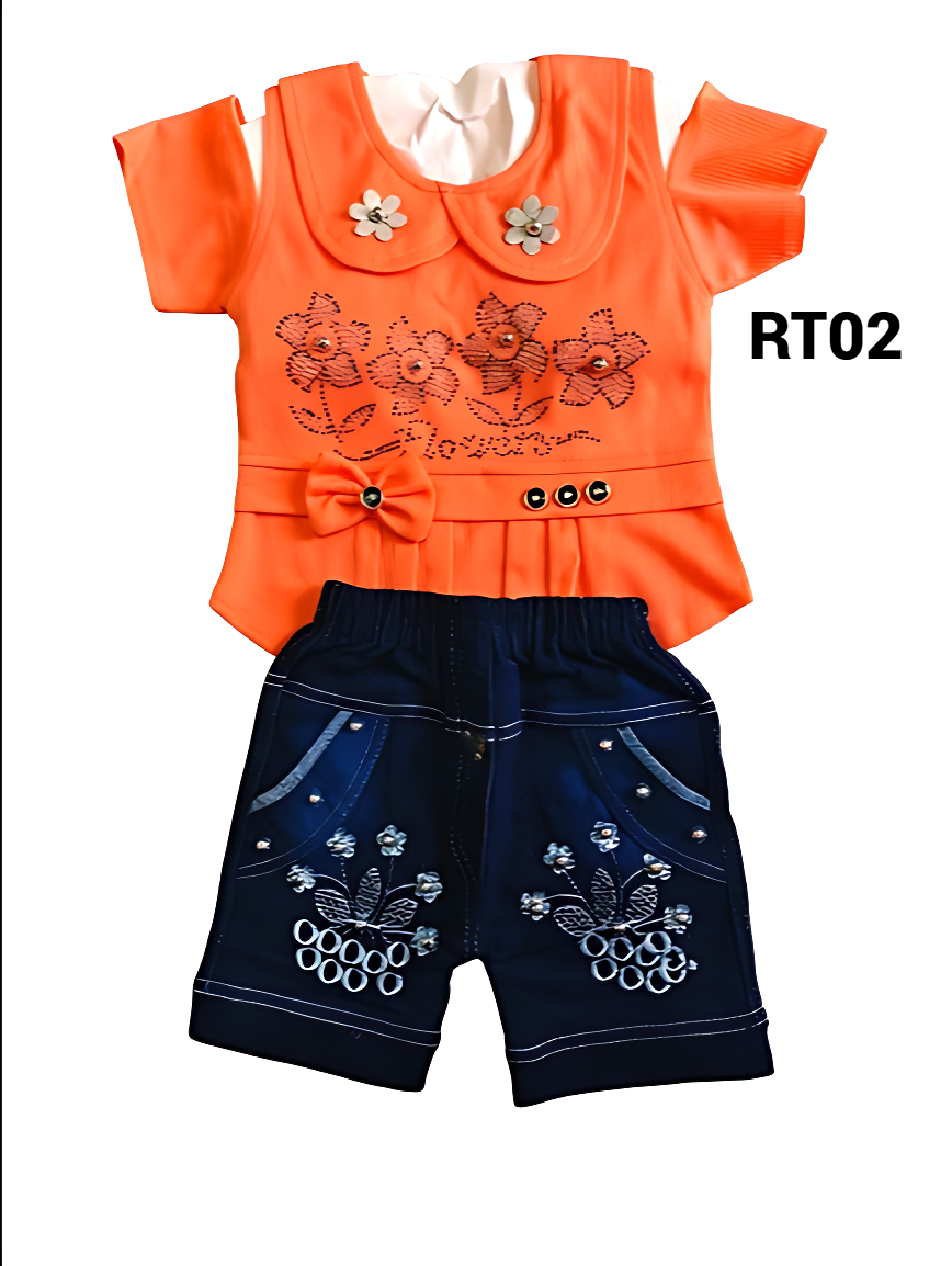 Girls' Orange Top and Denim Shorts Set with Floral Embellishments