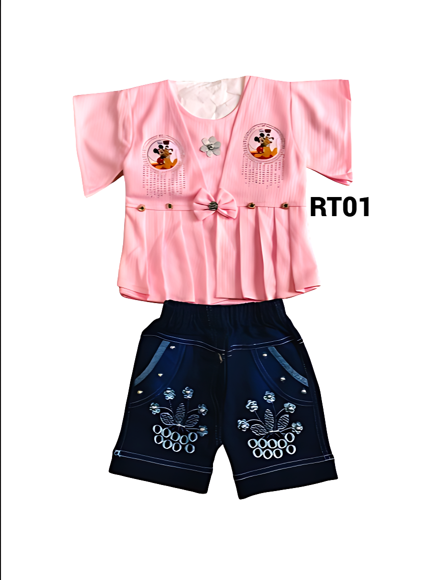 Girls' Orange Top and Denim Shorts Set with Floral Embellishments