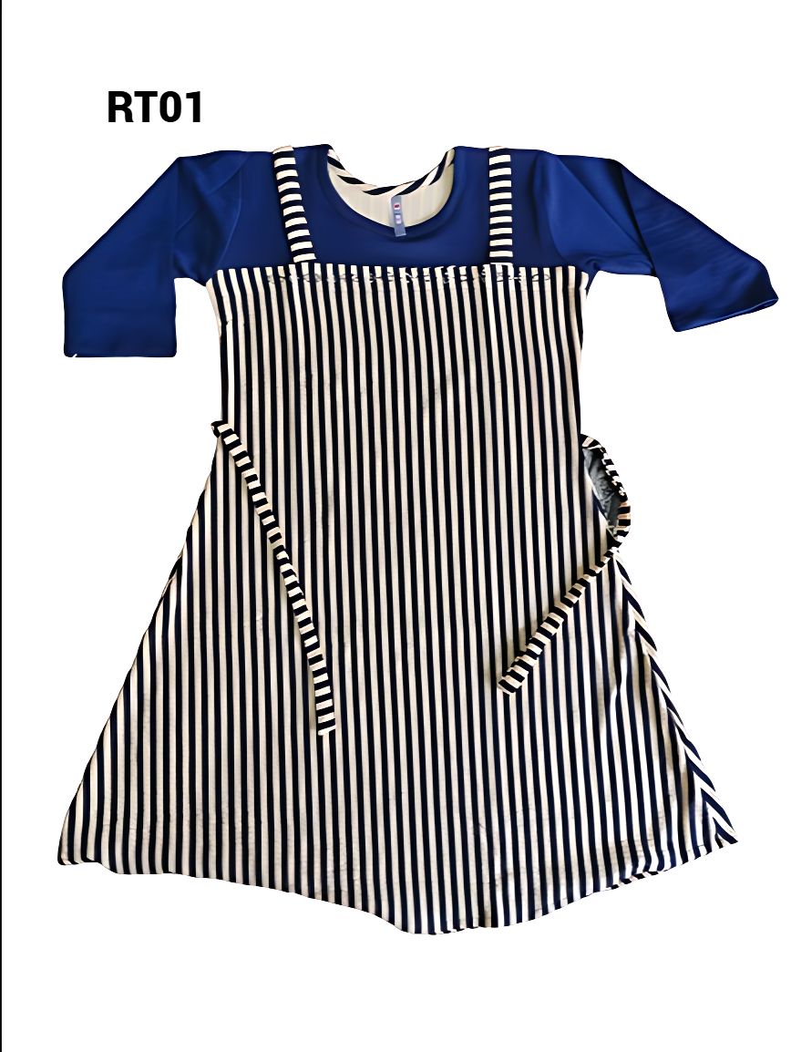 Girls' Striped A-Line Frock Dress with Blue Sleeves