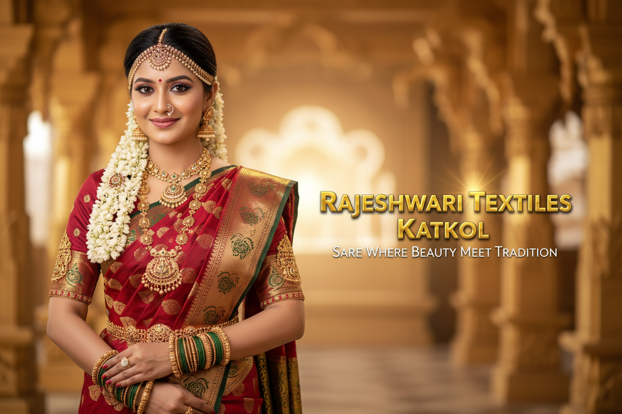  “Rajeshwari Textiles Katkol”.
Elegant South Indian bridal theme.-Beautiful model wearing rich Kanjivaram silk saree in red and green, heavy gold temple jewelry, jasmine flowers in hair, soft salon makeup. Background: blurred golden temple décor with warm lighting.
Brand Name in center/right:
“RAJESHWARI TEXTILES KATKOL” – Premium Gold Bold 3D Shining Letters, royal look, embossed with soft light glow.
Tagline below: SAREE WHERE BEAUTY MEET TRADTION” in elegant serif font. Composition: half model left side,